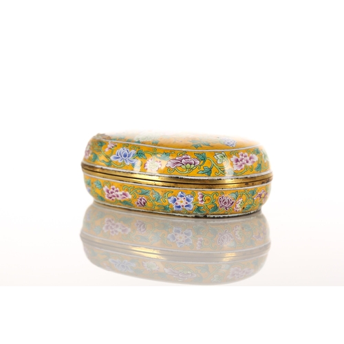 166 - A Chinese Canton enamel rounded oblong seal box. Decorated with golden pheasants amongst colourful s... 