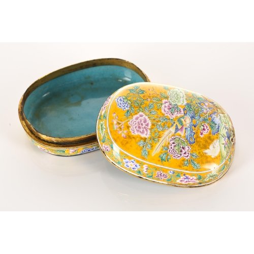 166 - A Chinese Canton enamel rounded oblong seal box. Decorated with golden pheasants amongst colourful s... 