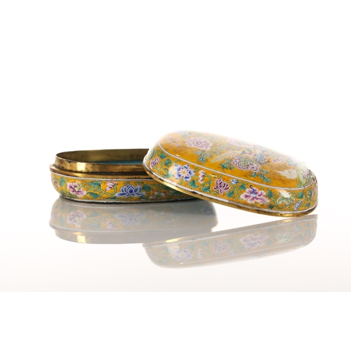 166 - A Chinese Canton enamel rounded oblong seal box. Decorated with golden pheasants amongst colourful s... 