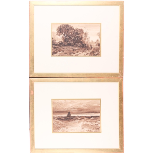 17 - 19th-century school, two monochrome watercolours, a landscape and a seascape, each bearing the monog... 