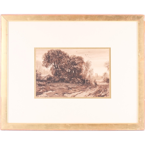 17 - 19th-century school, two monochrome watercolours, a landscape and a seascape, each bearing the monog... 