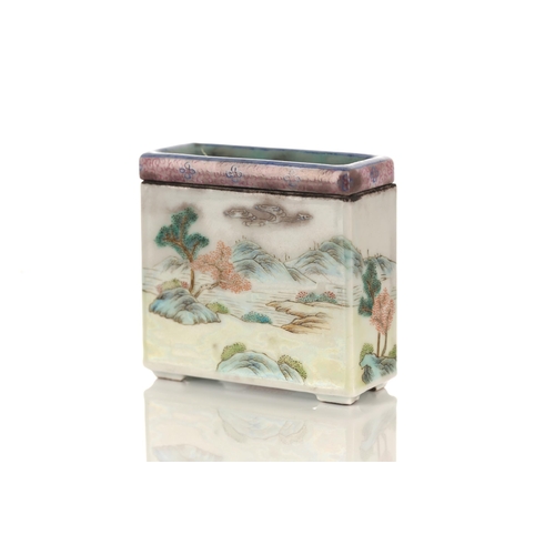 174 - A Chinese porcelain brush/pen stand, of rectangular form, the removable top section with three apert... 