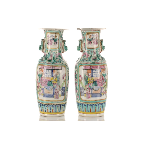 180 - Two pairs of Chinese porcelain vases and a single vase, Qing and later, comprising a famille rose pa... 