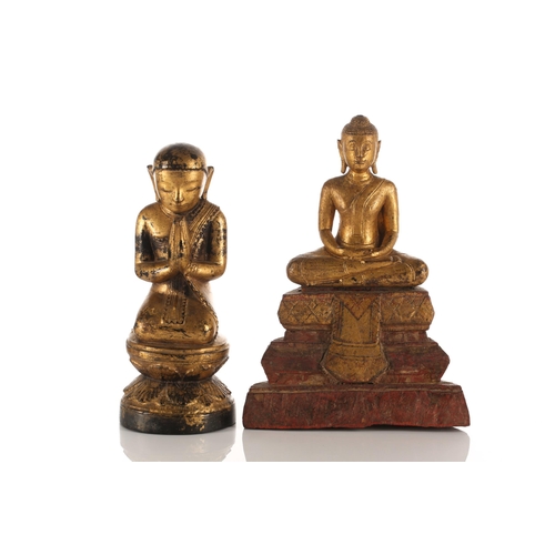 183 - A small collection of Thai carved and gilded wood Buddhas and acolytes, seated in varying mudras, th... 