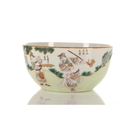 210 - A Chinese porcelain bowl, possibly Republic, painted with warriors from the Tales of the Water Margi... 