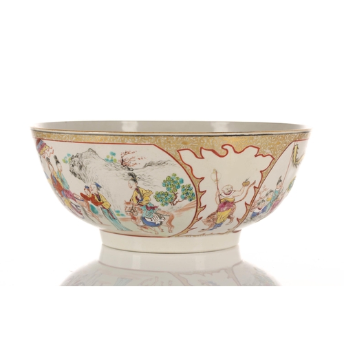 212 - A Chinese famille rose bowl, Qing, late 18th century, the interior painted with Budai and a young bo... 