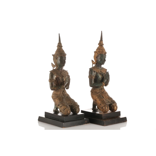 214 - A near pair of Thai parcel gilt bronze Buddhas, 20th century, modelled kneeling in Anjali (Namaskara... 