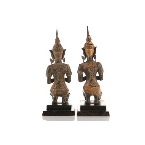 214 - A near pair of Thai parcel gilt bronze Buddhas, 20th century, modelled kneeling in Anjali (Namaskara... 