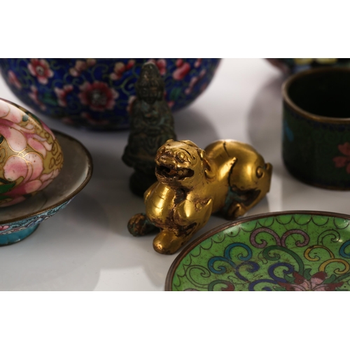 220 - A small collection of Asian cloisonne and metalware, comprising a gilt metal recumbent Bixi, 6.5cm, ... 