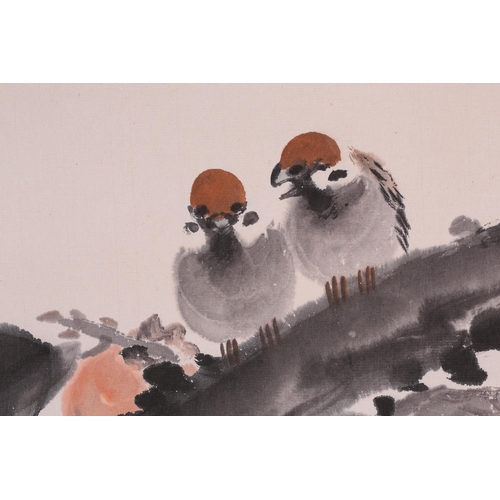 232 - An early to mid-20th century Chinese watercolour, a pair of birds on a fruit tree, signed and with r... 