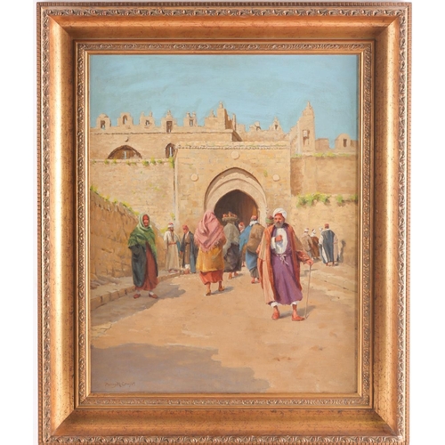 25 - Percy Robert Craft (1856-1934), figures before a gate inside Jerusalem, signed, oil on canvas, 49 cm... 