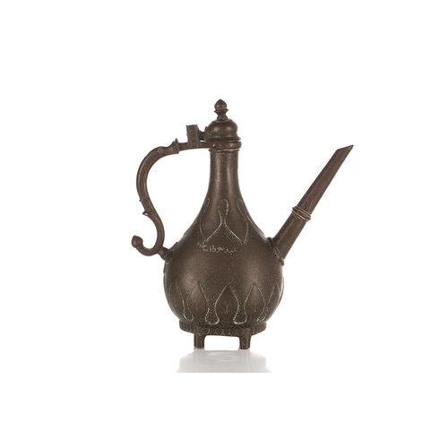 251 - An Indian Mughal brass ewer (Aftaba), 18th century or later, with hinged domed finial with pointed k... 