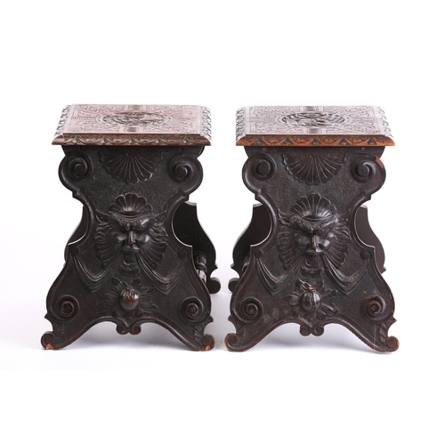 260 - A pair of Italianate carved birch Sgabello type square topped stools, late 19th century, each seat w... 