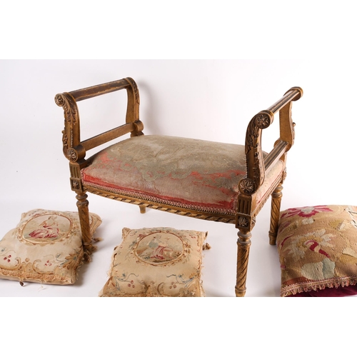 266 - A Louis XVI style carved wood and gilt gesso window seat with floral tapestry upholstered seat, toge... 