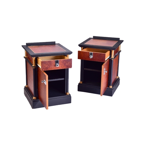 280 - Pair of contemporary ebonized and parquet line inlaid bedside cabinets each with veneered amboyna pa... 