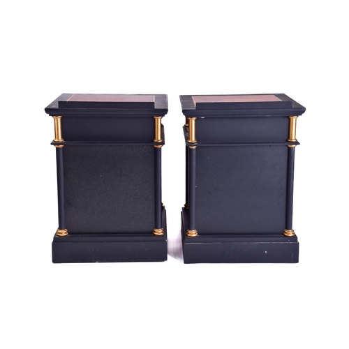 280 - Pair of contemporary ebonized and parquet line inlaid bedside cabinets each with veneered amboyna pa... 