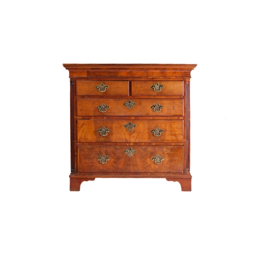 287 - A 19th century walnut chest with brass furniture, two short over three graduated drawers, on bracket... 