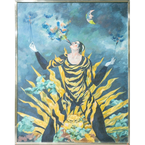 30 - Carole Hubble (contemporary), Pierrot with Sun and Moon, oil on canvas, 120 cms by 95 cms in a metal... 