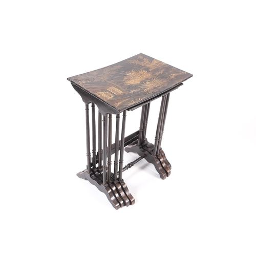 303 - A 19th-century Anglo-Chinese black pappier mache quartetto of inter sliding side tables. The tops de... 