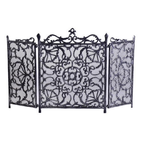 305 - A Renaissance style patinated cast metal folding triptych fire screen, spark guard,20th century with... 