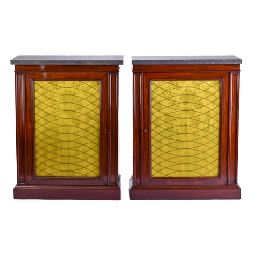 308 - A pair of Regency style mahogany marble topped pier cabinets, partly 19th century, each with a singl... 