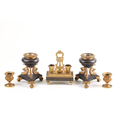 316 - A French Empire design two-section ormolu boudoir encrier, late 19th century, with faux basket weave... 