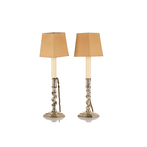 319 - A pair of early 18th-century style silvered metal candlestick table lamps, 20th century, with 