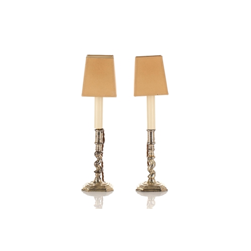 319 - A pair of early 18th-century style silvered metal candlestick table lamps, 20th century, with 