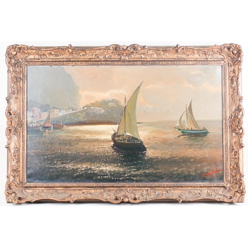 32 - 20th-century school, coastal landscape with boats, oil on canvas, indistinctly signed and dated 1966... 