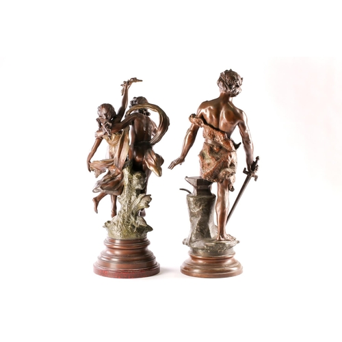 340 - Two large, spelter figures on stands, after Henri Honore Ple, 'La Defence du Foyer', 74 cm high, the... 