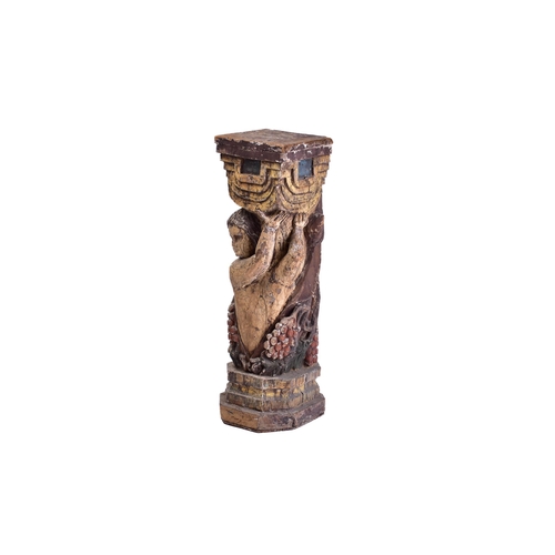 346 - A carved oak and polychromic painted figural column probably late 17th century, the column with squa... 