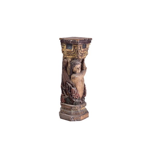 346 - A carved oak and polychromic painted figural column probably late 17th century, the column with squa... 