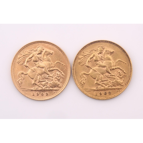 376 - Two Edward VII half sovereigns, dated 1908 and 1909.Qty: (2)