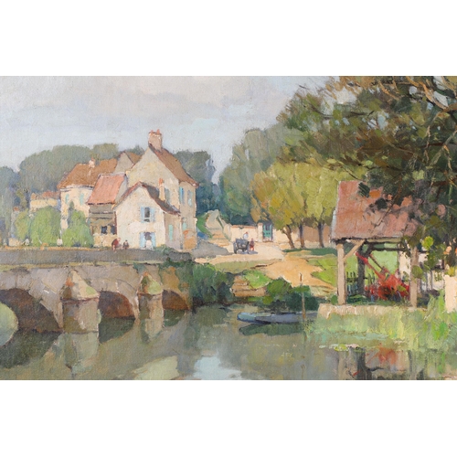 38 - † George Charles Robin (1903-2003), a French rural townscape with a river and bridge before building... 