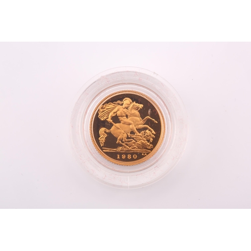 380 - A Queen Elizabeth Proof Half Sovereign, 1980, in capsule with a presentation case and certificate.