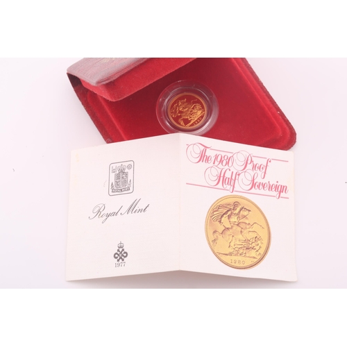 380 - A Queen Elizabeth Proof Half Sovereign, 1980, in capsule with a presentation case and certificate.