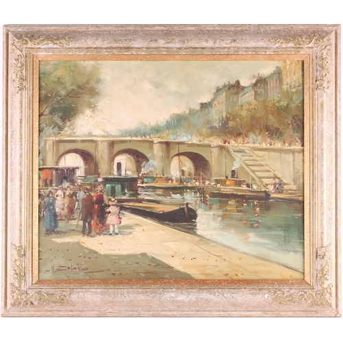 39 - 20th century Continental school, figures beside a river, possibly Paris, oil on canvas, signed 'V Za... 