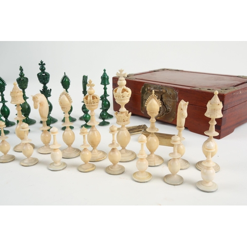 479 - A 19th century Indian stained ivory miniature 'Pepys' pattern chess set, the Kings 8.5 cm high, cont... 