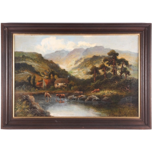 60 - William Langley (fl.1880-1920), mountainous landscape with cattle beside a river, oil on canvas, sig... 