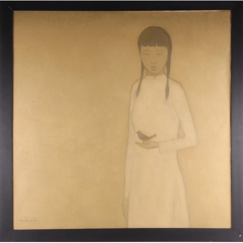 66 - Viet Dung Hong (b.1962) Vietnamese, Woman with Bird, oil on canvas, 89 cm x 89 cm in an ebonised fra... 