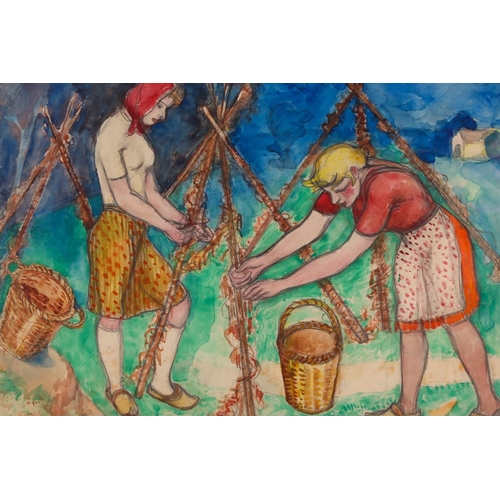 67 - Max Burchartz (1887-1961) German, two women picking fruit, watercolour, signed and inscribed verso, ... 