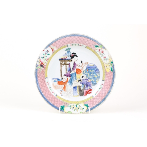 86 - A Chinese famille rose lady & boys plate, Qing, the lady with the child Buddha holding a ruyi, with ... 