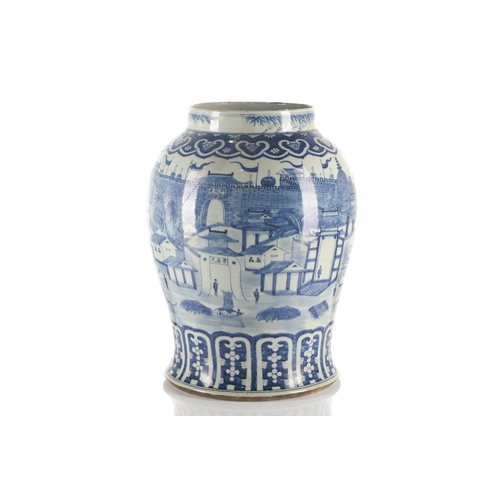 87 - A large Chinese porcelain blue & white vase, Qing, painted with buildings and boating figures before... 