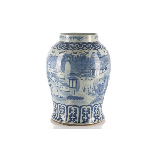 87 - A large Chinese porcelain blue & white vase, Qing, painted with buildings and boating figures before... 