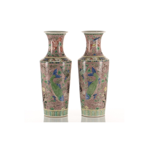 89 - A pair of Chinese famille verte vases, Qing, of cylindrical form, painted with various fish, crabs a... 