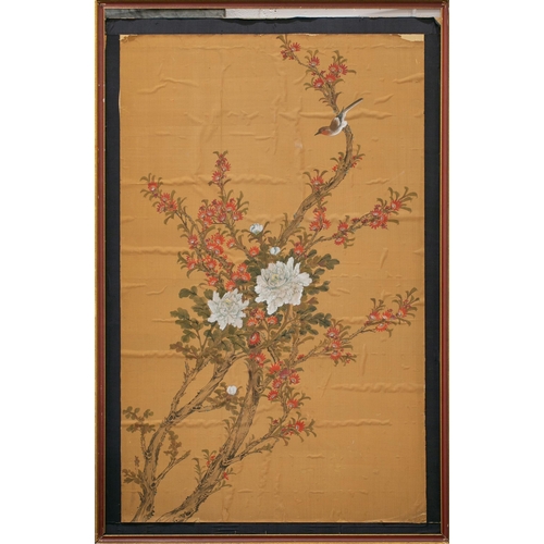 90 - A pair of large Chinese paintings on silk, 20th century, each painted with a bird upon a blossoming ... 