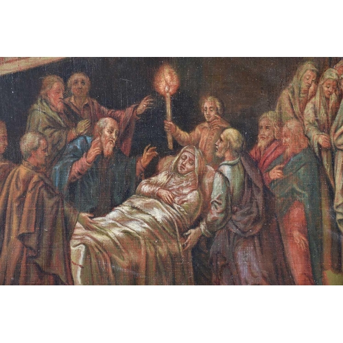 15 - A French 18th century School oil on canvas of an interior scene of a deathbed vigil with attendees, ... 