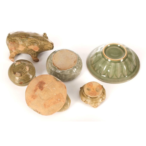 153 - Chinese celadons, comprising a pig, a squat toad miniature pot, a small censer, a toad water dropper... 