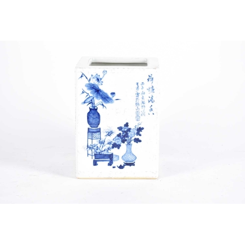 158 - A Chinese blue & white bitong, of square from, painted with auspicious flowers in vases beside a sho... 