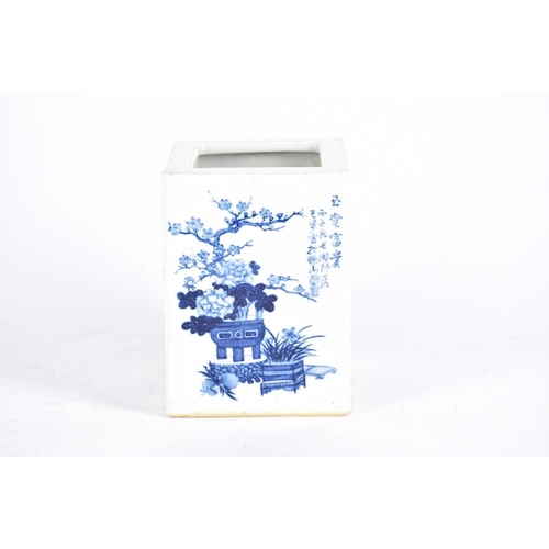 158 - A Chinese blue & white bitong, of square from, painted with auspicious flowers in vases beside a sho... 